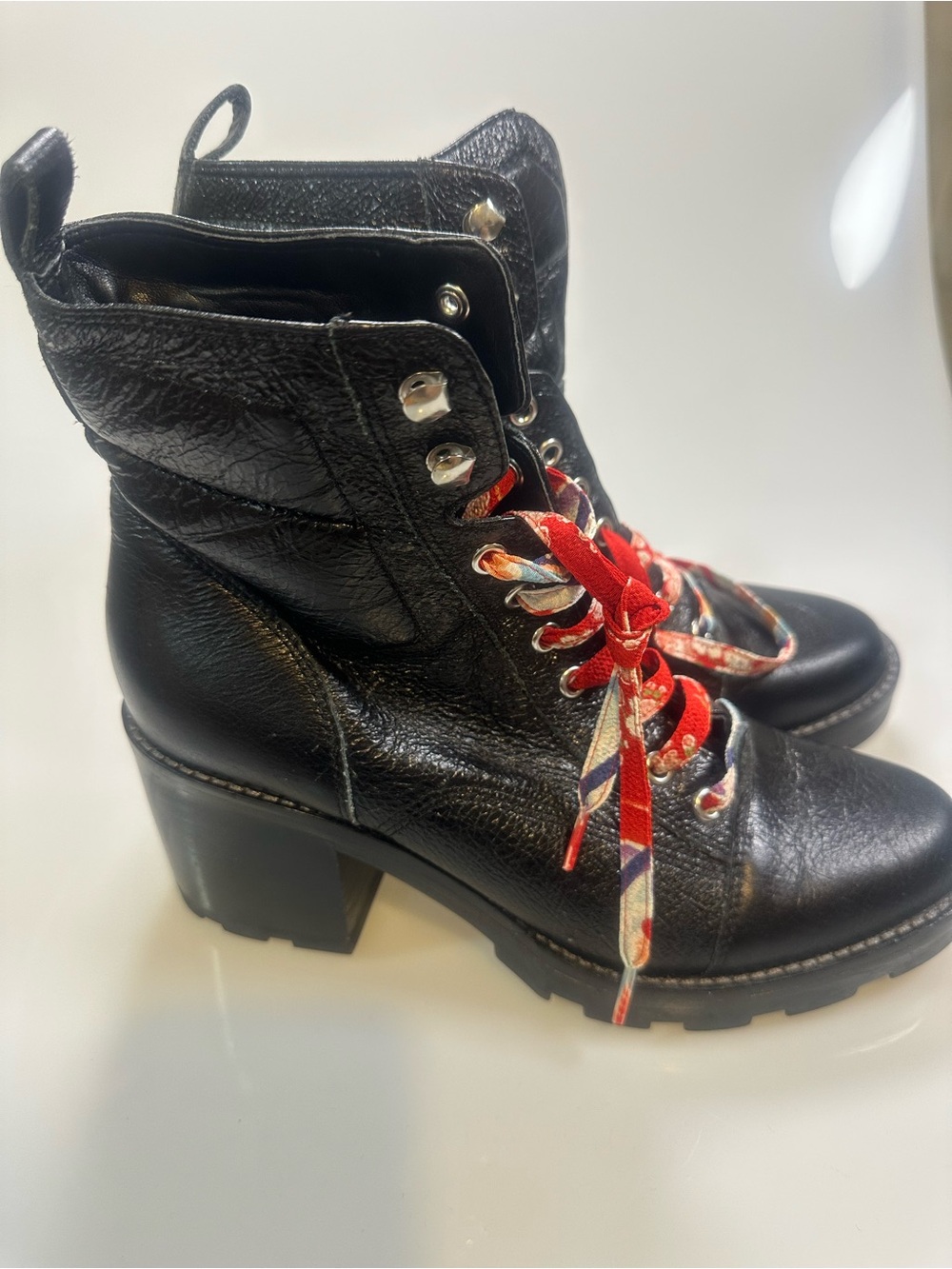 Marc Fisher Black Leather Lace-Up Chunky Heel Ankle Boots with Red Laces